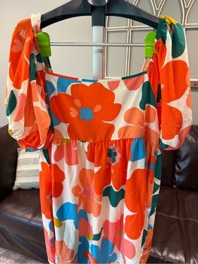 BiBi Orange Floral Puff Sleeve Casual Dress